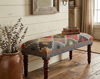 Colorful Kilim Upholstered Bench | Handmade Boho Entryway Bench | Rustic Wooden Bench Seat | Vintage Farmhouse Ottoman Bench