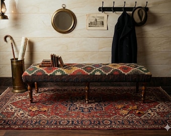 Handmade Wool Jute Kilim Bench | Boho Kilim Upholstered Bench | Entryway / Bedroom Ottoman Bench | Rustic Farmhouse Decor