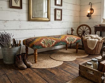 Handmade Wool Jute Kilim Bench | Boho Kilim Upholstered Bench | Entryway / Bedroom Ottoman Bench | Rustic Farmhouse Decor