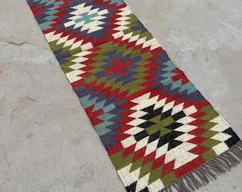 Boho Kilim Runner Rug, Multicolour Jute Wool Hallway Runner, Handwoven Tribal Carpet, Long Corridor Rug, Farmhouse Entryway Rug