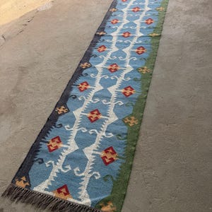 Colorful Kilim Runner Rug, Boho Patchwork Hallway Runner, Handmade Geometric Tribal Wool Jute Rug, Vintage Style Flatweave Carpet