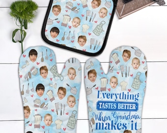 Personalisierte Grandkid Foto Ofenhandschuhe und Topflappen, Muttertagsgeschenk für Oma, individuelles Nana-Backgeschenk, Mama, die Küchendekor kocht