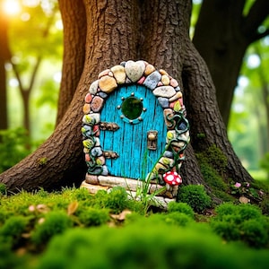Magical Blue Fairy Door with Heart Stone & Mirror | Handcrafted Miniature Elf Door for Garden, Tree, Yard, or Indoor Decor