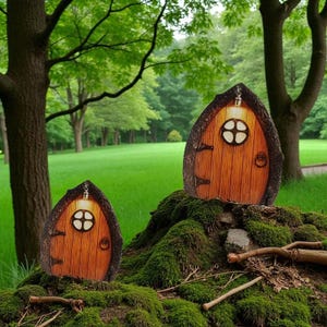 Sprookjesdeur voor tuin of thuis – Magische houten deur met rond raam, perfect voor sprookjestuinen, potten en kinderkamers