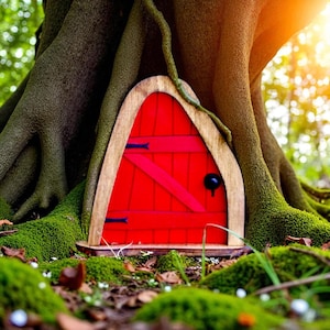 Fairy Door &#39;Iris&#39; in Red | Handcrafted Red Fairy Door for Tree, Garden & Outdoor Decor | Fairy Garden | Tooth Fairy Door | Whimsical Gift