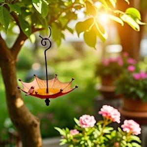 Rustic Umbrella Bird Feeder Handmade Steel Bird Bath | Outdoor Hummingbird Feeder | Decorative Yard Balcony and Flower Bed Decor