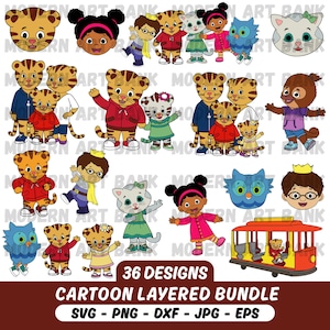 Puede incluir: Una colección de 36 diseños de personajes de dibujos animados, incluyendo tigres, gatos, búhos y niños. Los personajes están en varias poses y atuendos. También está presente el texto "36 DESIGNS" y "CARTOON LAYERED BUNDLE".