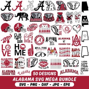 May include: A collection of 50 digital graphic designs featuring Alabama Crimson Tide themes, including elephant mascots, football helmets, the letter A, state outlines, and the text Roll Tide, Alabama, and Crimson Tide in red, black, and white.