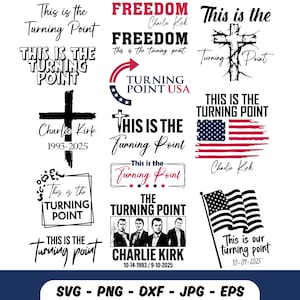 Puede incluir: Una colección de diseños digitales con la frase "This is the Turning Point" en varias fuentes y estilos. Los diseños incluyen una cruz, la bandera estadounidense y el nombre "Charlie Kirk". Formatos: SVG, PNG, DXF, JPG y EPS.