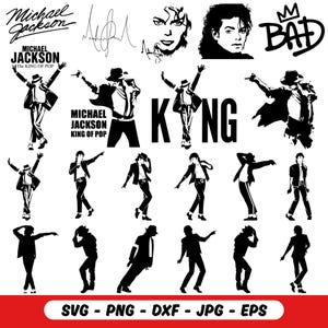 May include: Black and white graphic designs featuring Michael Jackson. Includes silhouettes of him dancing, portraits, his signature, and the word "BAD" with a crown. Also includes the text "MICHAEL JACKSON KING OF POP".