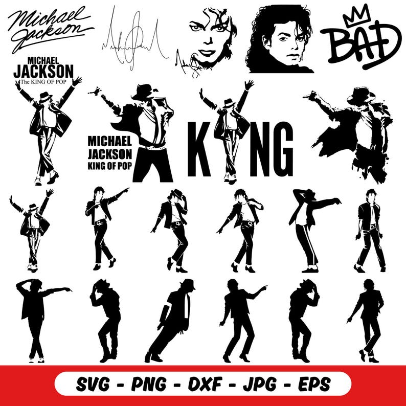 May include: Black and white graphic designs featuring Michael Jackson. Includes silhouettes of him dancing, portraits, his signature, and the word "BAD" with a crown. Also includes the text "MICHAEL JACKSON KING OF POP".