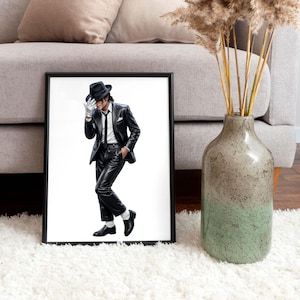 May include: Framed print of a person in a black suit, hat, and white glove. The person is in a walking pose, with one hand on the hat. The print is in a black frame, set on a white rug. A vase with dried plants is to the right.