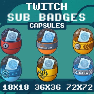 Pode incluir: Gráfico digital de emblemas de subscrição Twitch em designs de cápsulas. A imagem apresenta seis cápsulas em várias cores, cada uma contendo um emblema com um design de globo. O texto inclui "Twitch Sub Badges Capsules" e dimensões.