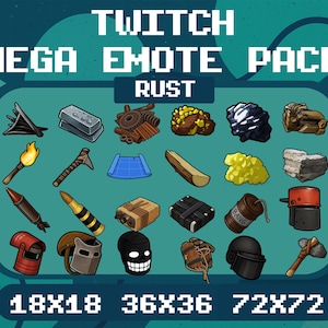 Puede incluir: Gráfico turquesa con iconos pixelados, incluyendo una antorcha, un hacha y símbolos de recursos. El texto "TWITCH MEGA EMOTE PACK RUST" está en la parte superior, con dimensiones en la parte inferior. Colección de emotes digitales.