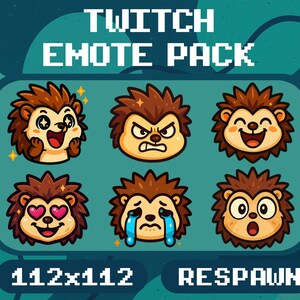 Op de afbeelding: Een digitaal Twitch-emotepakket met zes bruine egelkarakters met verschillende uitdrukkingen, waaronder opwinding, woede, vreugde, liefde, verdriet en verrassing. De tekst TWITCH EMOTE PACK, 112x112 en RESPAWN staat in een pixel-lettertype.