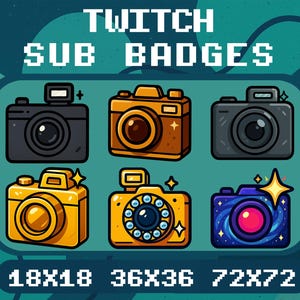 May include: A set of six digital camera icons labeled TWITCH SUB BADGES with sizes 18x18, 36x36, and 72x72. The cameras are rendered in various colors including black, brown, dark gray, yellow, and a purple galaxy pattern, each featuring distinct lens and flash details.