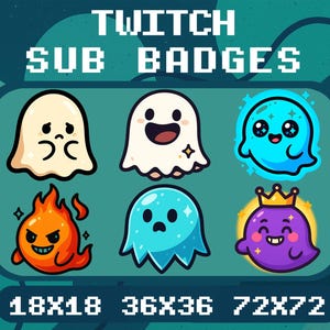May include: A set of six digital Twitch sub badges featuring cartoon ghosts and a flame character. The text reads TWITCH SUB BADGES and 18x18 36x36 72x72. The icons include a sad cream ghost, a happy white ghost, a blue ghost, a fire spirit, a blue jelly ghost, and a purple ghost with a crown.