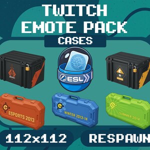 May include: An illustration of a Twitch Emote Pack with six cases. The cases are black, orange, blue, and green, with various logos and text, including "ESPORTS 2013", "WINTER 2013-14", and "SUMMER 2014". The image also includes the text "TWITCH EMOTE PACK CASES", "112x112", and "RESPAWN".