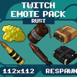 Könnte beinhalten: Eine digitale Grafik mit einem Twitch Emote Pack mit dem Wort "RUST" und verschiedenen pixeligen Symbolen. Die Symbole umfassen eine Ansammlung gelber Kristalle, ein braunes Fass mit der Aufschrift "BANG", eine beige Box, zwei Kugeln und ein schwarzes Quadrat.