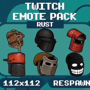 May include: A digital graphic featuring six different helmet designs in a variety of colors, including black, brown, and red. The text "TWITCH EMOTE PACK RUST" is at the top, with "112x112" and "RESPAWN" at the bottom.