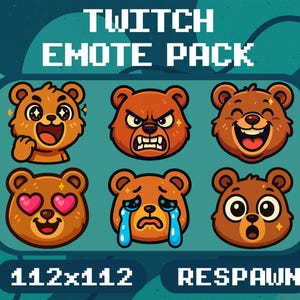 Op de afbeelding: Een digitale grafische set getiteld TWITCH EMOTE PACK met zes bruine berenkoppen met verschillende uitdrukkingen, waaronder opwinding, woede, lachen, liefde, verdriet met blauwe tranen en verrassing. De tekst 112x112 en RESPAWN zijn inbegrepen.