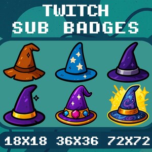 Może przedstawiać: Zestaw sześciu cyfrowych ikon kapeluszy czarownicy z napisem TWITCH SUB BADGES oraz rozmiarami 18x18, 36x36 i 72x72. Kapelusze są pomarańczowe, niebieskie w gwiazdki, fioletowe ze srebrną lub złotą opaską, z klejnotami lub wzorem galaktyki.