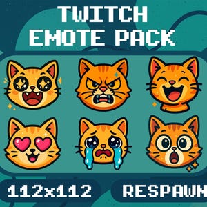 Op de afbeelding: Een digitaal Twitch-emotepakket met zes oranje cyperse kattenkoppen met verschillende uitdrukkingen, waaronder sterrenogen, woede, lachen, hartjesogen, huilen en shock. De tekst TWITCH EMOTE PACK, 112x112 en RESPAWN staat in een pixelfont.