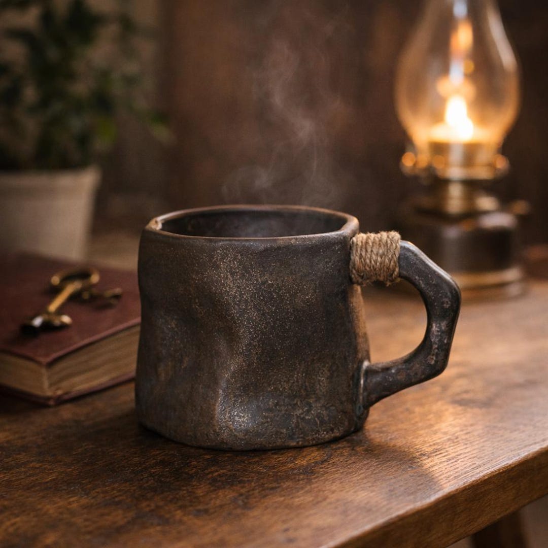 Handmade Ceramic Coffee Mug 300ml, Wabi Sabi Pottery Mug with Rope Handle, Rustic Minimalist Coffee Cup, Artisan Mug, Coffee Lover Gift - Black
