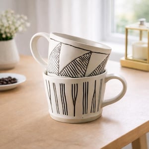 Puede incluir: Dos tazas de cerámica apiladas con base color crema y diseños geométricos negros. La taza superior presenta un patrón de triángulos, mientras que la inferior tiene líneas verticales. Ambas tazas tienen un asa curva y están sobre una superficie de madera clara.