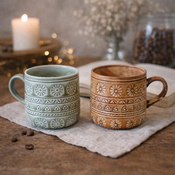 Vintage Ceramic Mug, Embossed Stoneware Coffee Cup, Handmade Rustic Mug, Boho Coffee Mug, Unique Gift for Coffee Lovers