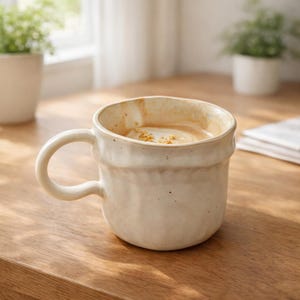 Puede incluir: Una taza de cerámica de color crema con asa, llena de una bebida y cubierta con espuma y chispas. La taza tiene una superficie texturizada y está sobre una mesa de madera. La taza es de color neutro y tiene un diseño rústico.