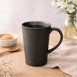 Handmade Black Ceramic Coffee Mug, Minimalist Stoneware Mug 310ml, Japanese Wabi Sabi Coffee Cup, Modern Coffee Lover Gift