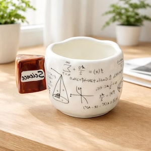 Puede incluir: Taza de cerámica blanca con un asa única y un tema científico. La taza presenta ecuaciones y diagramas matemáticos negros, con la palabra "Science" en el asa. La taza está sobre una superficie de madera.