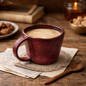 Może przedstawiać: Bordowa ceramiczna filiżanka wypełniona kremowym napojem, spoczywająca na lnianej podkładce i zabytkowym papierze. Obok leży drewniana łyżka. Filiżanka ma teksturowaną powierzchnię i duży uchwyt. Ciasteczka i kostki cukru w tle.