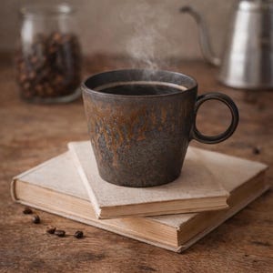 Puede incluir: Una taza humeante de café en una taza marrón rústica con un acabado texturizado, apoyada en dos libros apilados. Granos de café y una tetera plateada están en el fondo, creando una escena acogedora. La taza tiene un asa marrón oscuro.