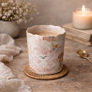Peut inclure: Une tasse en céramique décorative avec un motif de renard rose et de fleurs. La tasse, remplie d'une boisson claire, repose sur un dessous de verre tressé. Une bougie allumée et une cuillère dorée sont en arrière-plan.