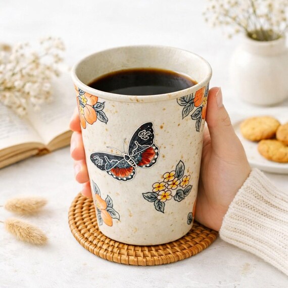 Handmade Ceramic Coffee Mug, Butterfly Floral Mug, Hand Painted Ceramic Mug, Tall Coffee Cup, Cute Coffee Mug Gift (350ml)