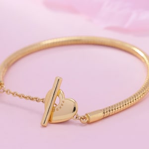 Gold Heart Toggle Snake Chain Bracelet: Engravable Charm Bracelet
