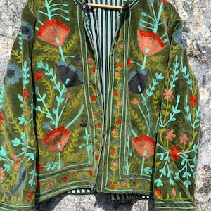 Handmade Suzani Embroidered Velvet Bomber Jacket, Bohemian Cotton