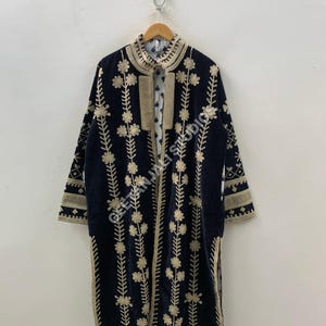 Handmade Black Velvet Long Robe: Boho Floral Jacket with Belt