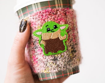 The Child Pink Green Coffee Cozy - Baby Alien Bounty Hunter Coffee Cozie - Ready to Ship