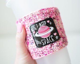 I Need Space Pink Black Sparkly Coffee Cozy - Planets Funny Saying Hot or Iced Drink Holder - Ready to Ship