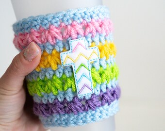 Easter Egg Striped Cross Pastel Coffee Cozy, Pink Yellow Blue Purple Green Crochet Drink Cozy, Christian Drink Koozy