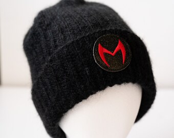 An Unusual Couple Black Fuzzy Beanie - Red Girl Superhero Winter Hat - Ready to Ship