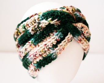 Christmas Green Variegated Twist Ribbed Earwarmer - Red Green Holiday Crochet Headband - Ready to Ship