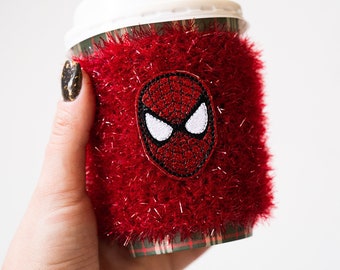 Sparkly Spider Guy Fuzzy Coffee Cozy - Parker Superhero Coffee Cozie - Ready to Ship