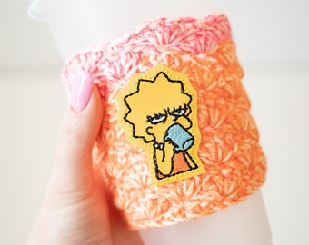 Yellow Girl with Coffee Funny Meme Coffee Cozy - Pink OrangeIced or Hot Drink Drink Holder - Ready to Ship