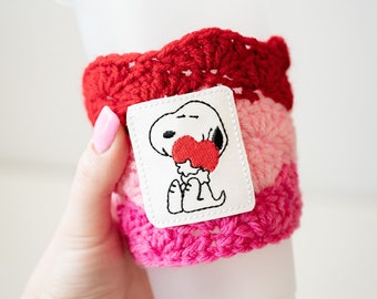 Beagle Puppy With Heart Valentine's Day Coffee Cozy - Pink Red Striped Iced or Hot Drink Holder - Ready to Ship