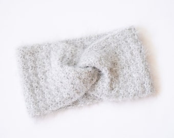 Fuzzy Gray Twist Earwarmer - Handmade Crochet Winter Headband - Ready to Ship