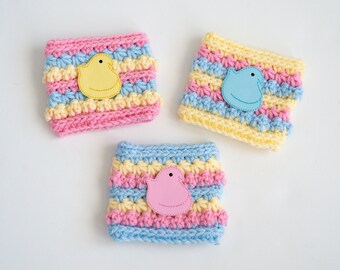 Pastel Easter Marshmallow Chick Coffee Cozy, Pink Yellow Blue Spring Chick Iced Drink Cozy